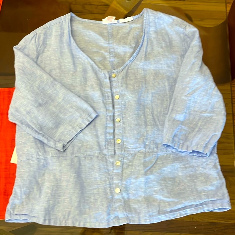 Blue linen three-quarter length sleeve summer blouse